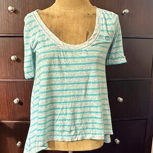 Abercrombie & Fitch Light Blue and White Striped Tee hi / low in back worn once